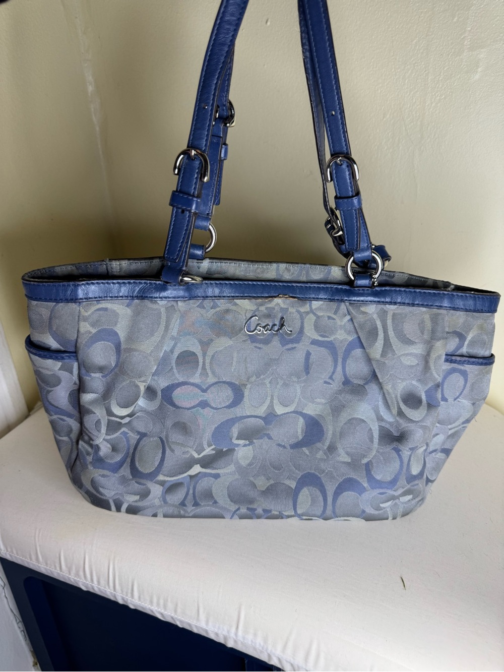 Coach Blue Signature Jacquard Tote with Leather Trim